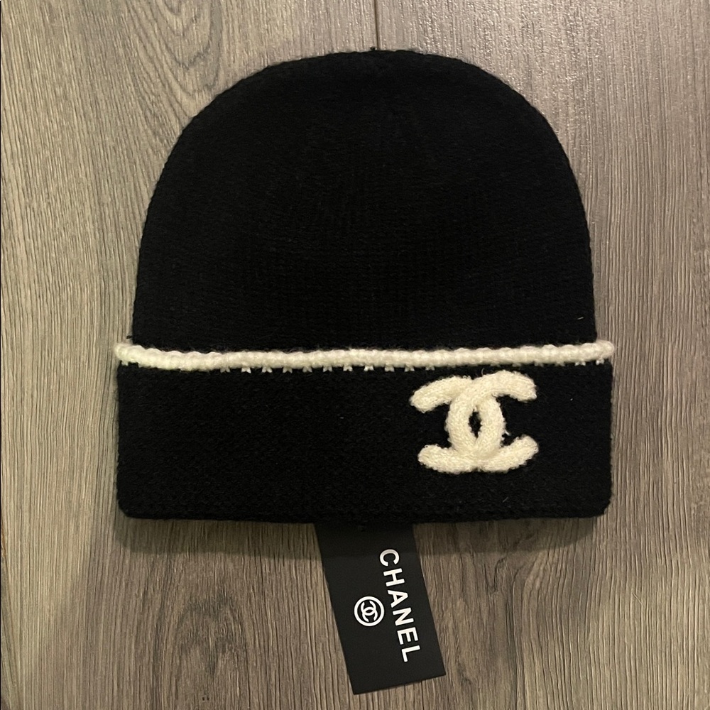 CHANEL Black Beanie with White Logo